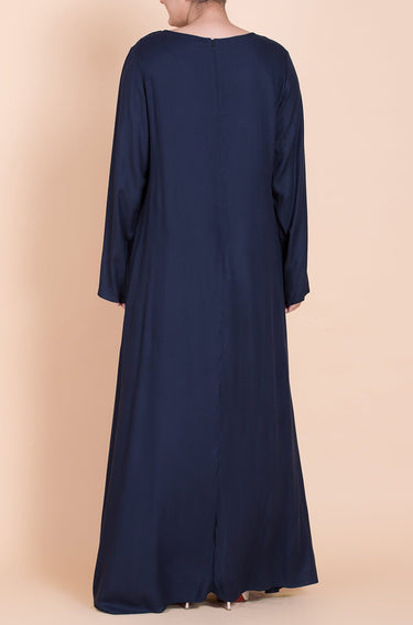 Navy Blue Asymmetric Smocked Round-neck Dress