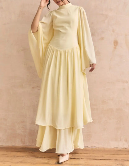 Ruffle Yellow Modest Muslim Maxi Abaya Dress