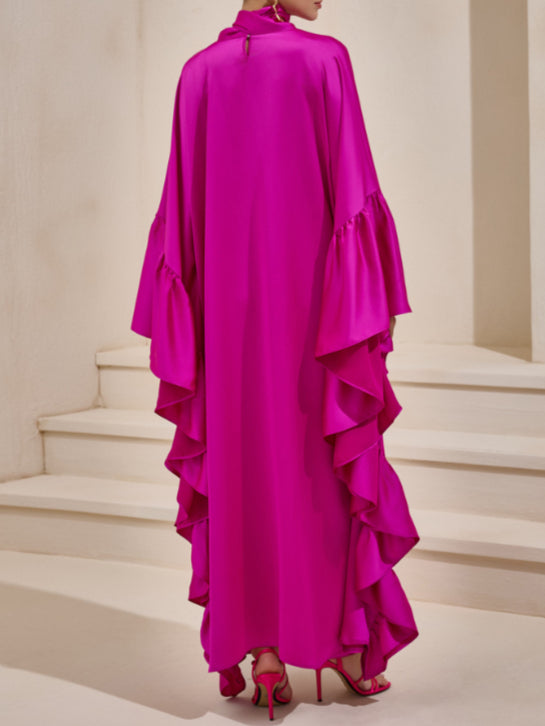 Tie Bow Big Ruffles Satin Kaftan - Passionate pink