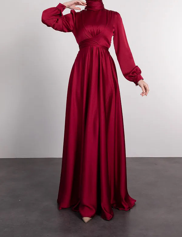 Satin Abaya Crossed Belted Evening Dress - Red