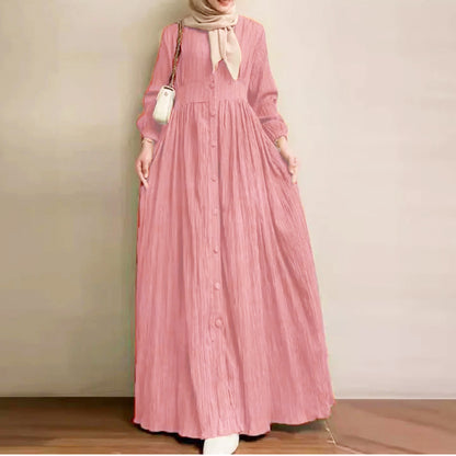 Women's Vintage Long-Sleeve Plain Modest Dress - Peach