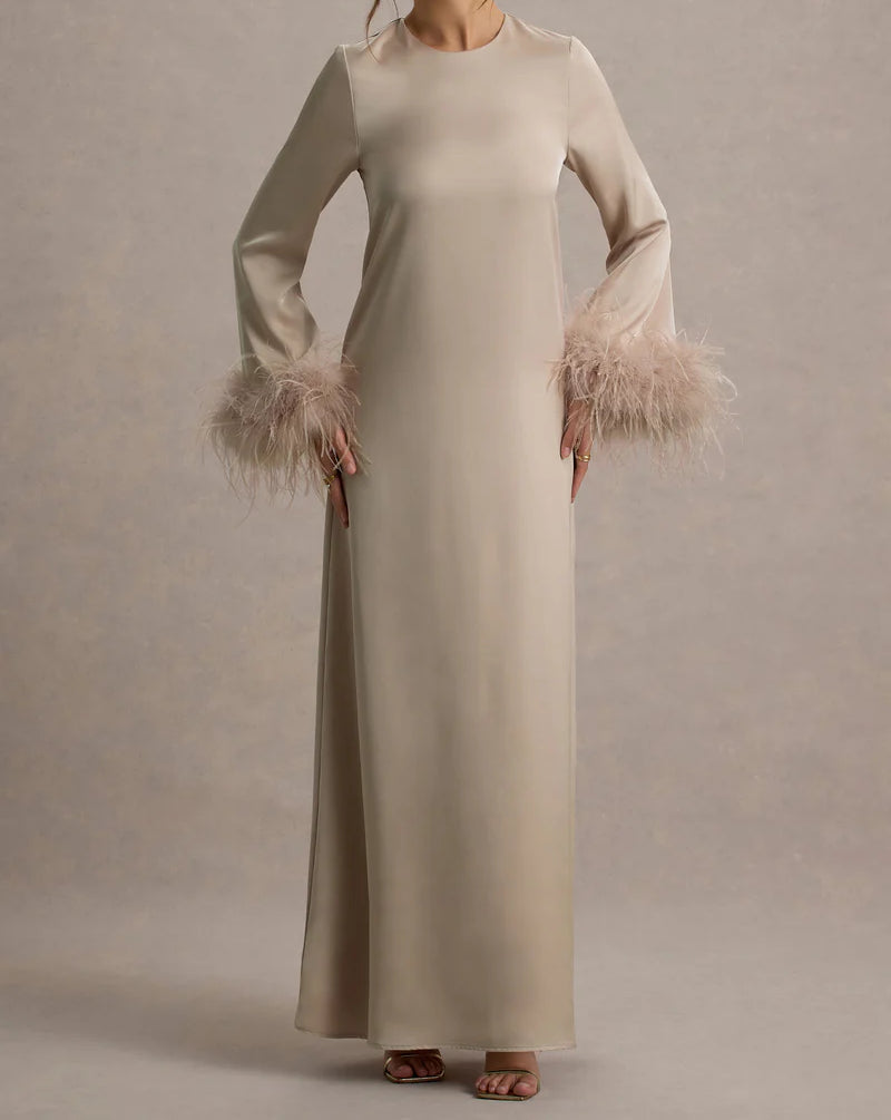 Feather Cuff A Line Maxi Abaya Dress
