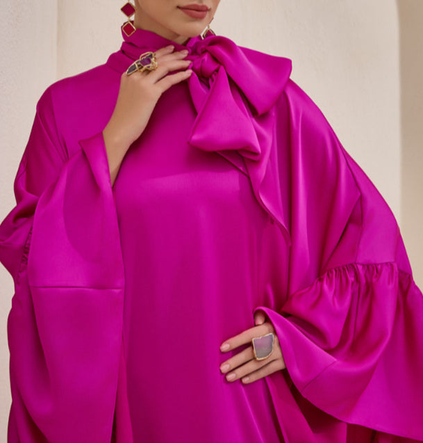 Tie Bow Big Ruffles Satin Kaftan - Passionate pink