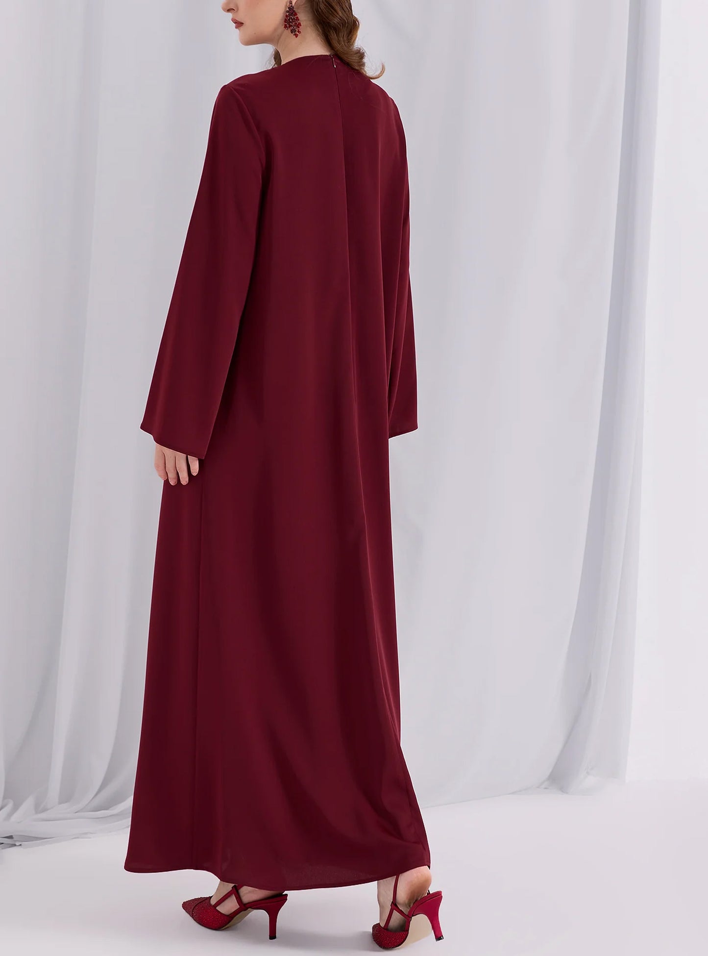 Green Ruffle Modest Muslim Maxi Abaya Dress-Dark Red