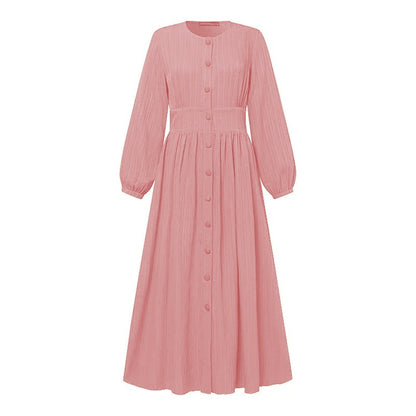 Women's Vintage Long-Sleeve Plain Modest Dress - Peach