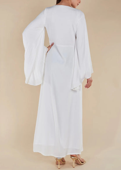 One-line Collar Wide Bell Sleeve Solid Color Abaya Maxi Dress for Muslim Women-White
