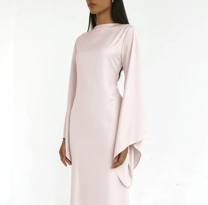 Solid Color Off-the-Shoulder Asymmetric Statement Sleeve Elegant Abaya Maxi Dress for Women-Light Pink