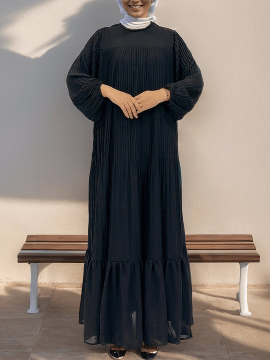 Muslim Pleated Abaya Dress - Black