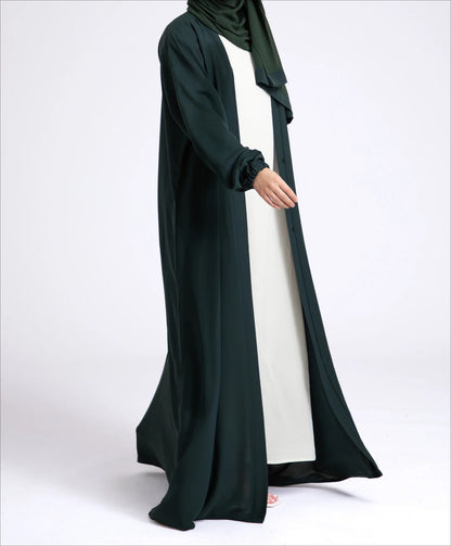 Classic Solid Open Abaya with Shrinking Cuffs - MossGreen