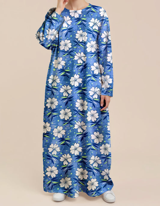 Plus Size Floral Nursing Kaftan in Blue with Hibiscus