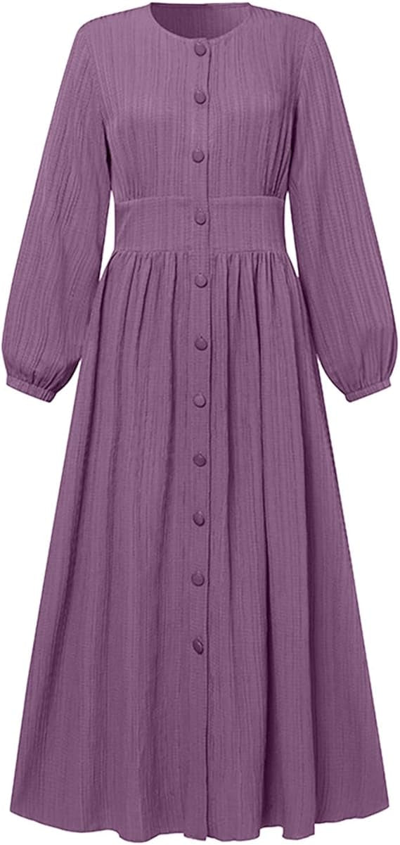 Women's Vintage Long-Sleeve Plain Modest Dress - Lavender
