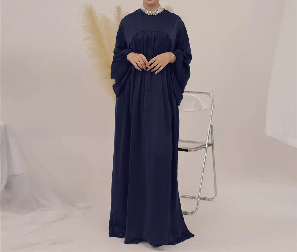 Eternal Blossom Satin Abaya Dress - Deep Navy