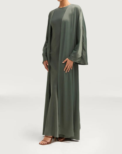Sophia Heavy Satin Open Abaya Robe - Free Sage
