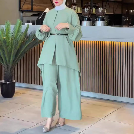 Women's Waist Cinched Bat Shirt Long-sleeved Solid Color Suit