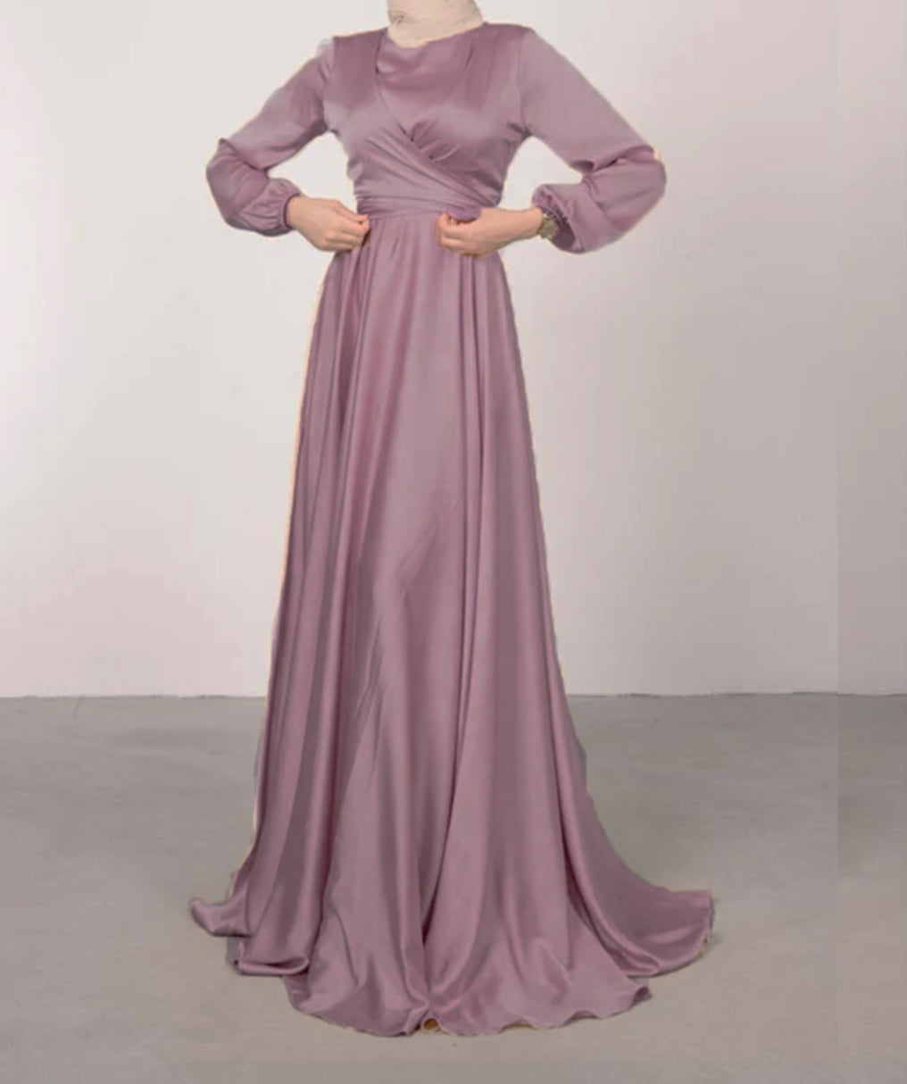 Satin Abaya Crossed Belted Evening Dress - Purple