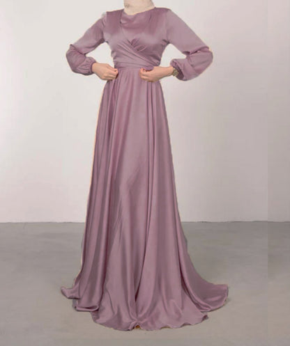 Satin Abaya Crossed Belted Evening Dress - Purple