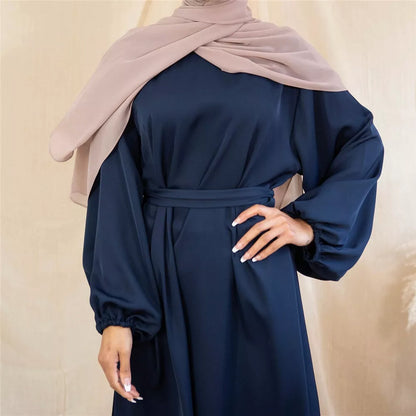 Zeenat Solid Satin Abaya Dress - Deep Navy