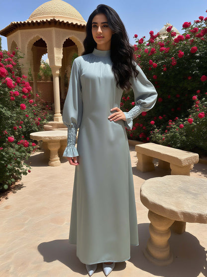 Modest Solid Satin Tie Waist Sleeve Pleated Maxi Dress