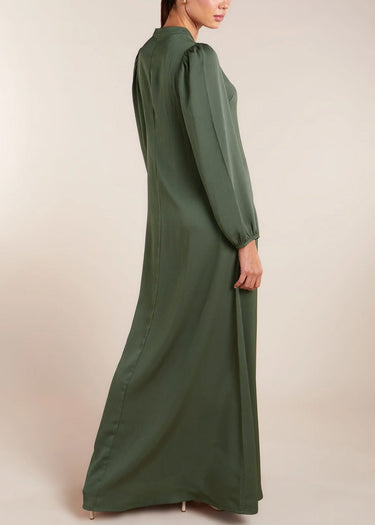 Small Stand Collar Front Single-Row Button Casual Abaya Maxi Dress for Women-Military Green