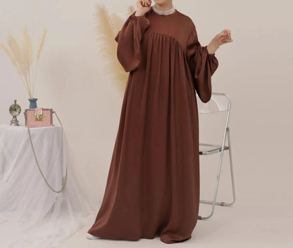 Eternal Blossom Satin Abaya Dress - Coffee