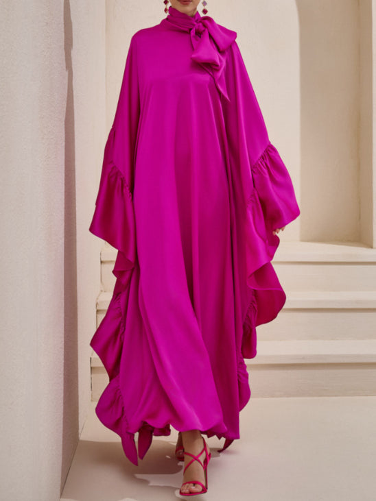 Tie Bow Big Ruffles Satin Kaftan - Passionate pink