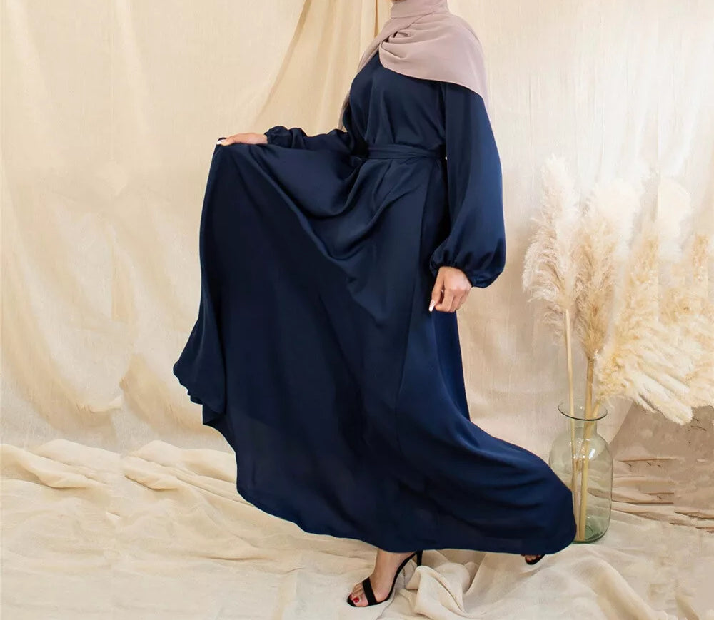 Zeenat Solid Satin Abaya Dress - Deep Navy