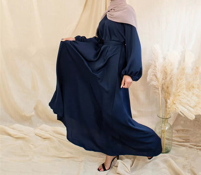 Zeenat Solid Satin Abaya Dress - Deep Navy