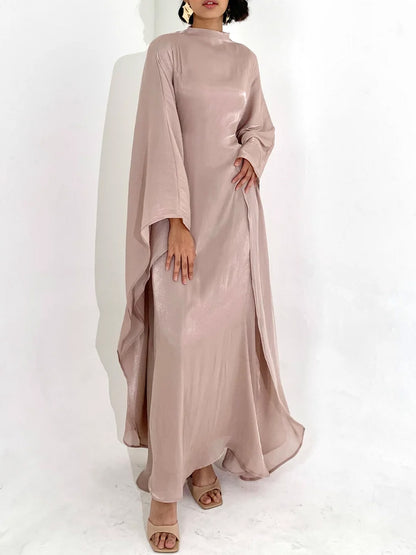 Elegant Satin-Textured High-Shine Abaya Maxi Dress for Women-Lotus Root Pink