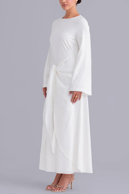 Elegant Pure White Front Cross Design Abaya Maxi Dress for Women