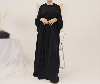 Eternal Blossom Satin Abaya Dress - Shiny Black