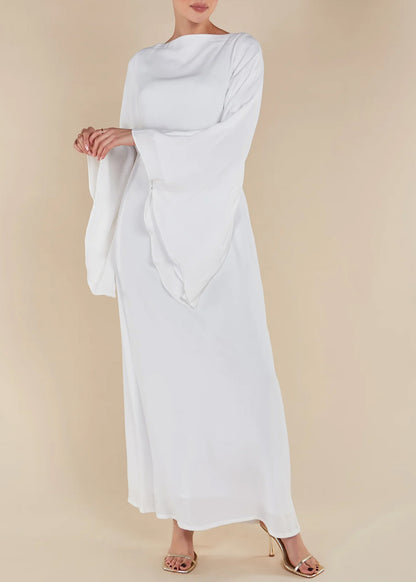 One-line Collar Wide Bell Sleeve Solid Color Abaya Maxi Dress for Muslim Women-White