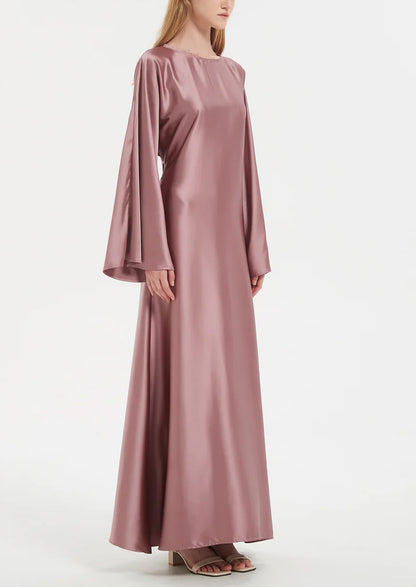 Solid Color Slightly Flared Sleeve Satin Elegant Abaya Maxi Dress for Women