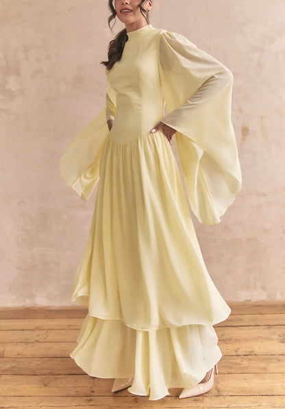 Ruffle Yellow Modest Muslim Maxi Abaya Dress